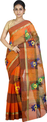 Akash Enterprise Embroidered Handloom Handloom Pure Cotton Saree(Orange)