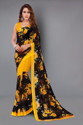 Anand Sarees Floral Print Daily Wear Georgette Saree(Black, Yellow)