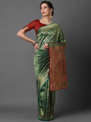 Ratnavati Self Design Kanjivaram Silk Blend Saree(Green)