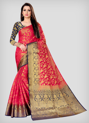 Divastri Woven Kanjivaram Jacquard Saree(Dark Blue, Red)