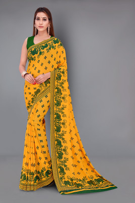 kashvi sarees Geometric Print Daily Wear Georgette Saree(Green, Yellow)