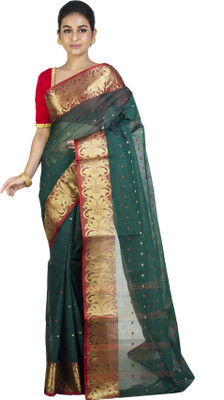 Akash Enterprise Self Design Tant Handloom Pure Cotton Saree(Dark Green)