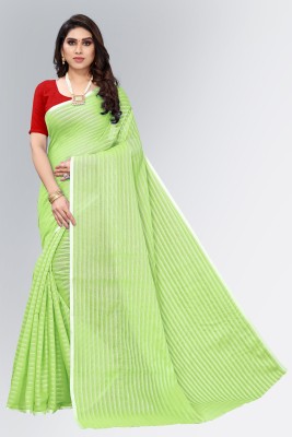 kirz web store Striped Bollywood Cotton Blend Saree(Light Green)