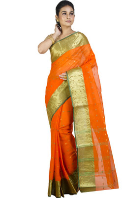 Akash Enterprise Self Design Handloom Handloom Pure Cotton Saree(Orange)