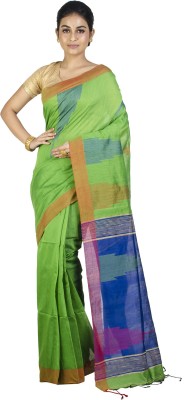 Upama Fabric Self Design Handloom Cotton Linen Saree(Light Green)