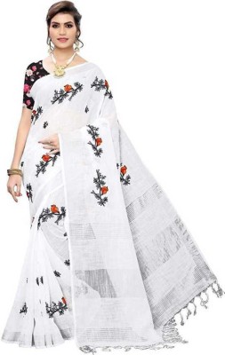 RISILA Embroidered Bollywood Cotton Linen Saree(White)