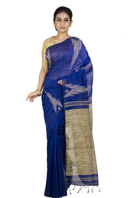 Upama Fabric Self Design Bollywood Cotton Linen Saree(Dark Blue)