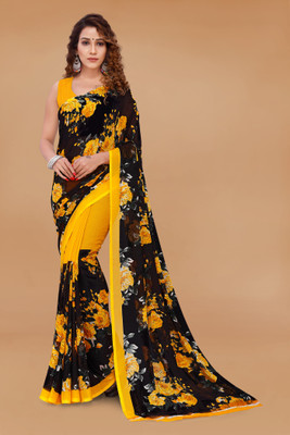 kashvi sarees Floral Print Daily Wear Georgette Saree(Black, Yellow)