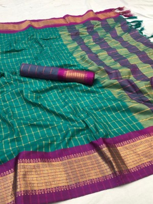 Dhami Checkered Chettinadu Art Silk, Cotton Silk Saree(Purple, Light Green)