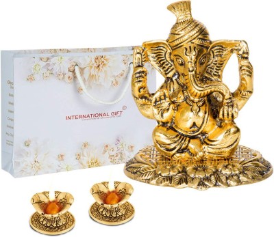 INTERNATIONAL GIFT Copper Kamdhenu Cow With Calf And Laddu Gopal With 2 Pics Jyot Set With Royal Luxury Velvet Box Packing And Beautiful Carry Bag Showpiece for Home Décor And festival Gift Decorative Showpiece  -  15 cm(Aluminium, Copper)
