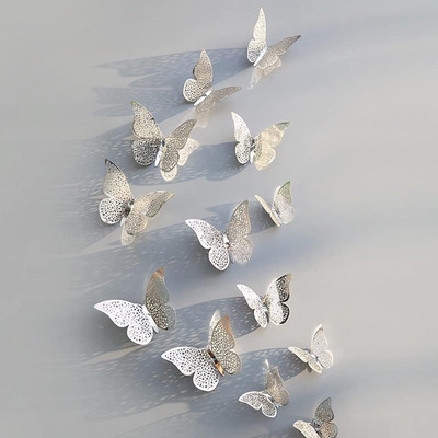 Bash N Splash 12 cm 3D Metallic Finish Home Decor Rainbow Silver Butterfly Wall / Balloon / event Decor with Sticking Pad Shimmer Silver Medium Set of 12 Self Adhesive Sticker(Pack of 12)
