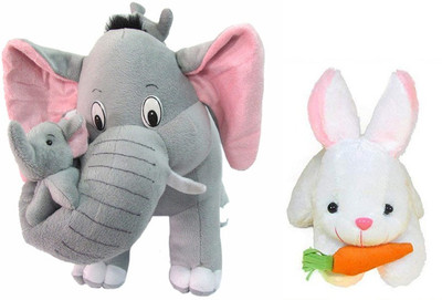 Lata Premium Quality Super Soft And Cute Elephant With Baby & Rabbit Carrot white Soft Toy For Kids (combo)  - 32 cm(Grey, White)