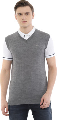 LOUIS PHILIPPE Solid V Neck Casual Men Grey Sweater