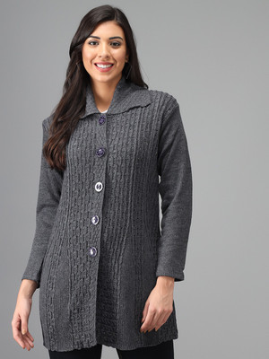 eWools Woven Collared Neck Casual Women Grey Sweater