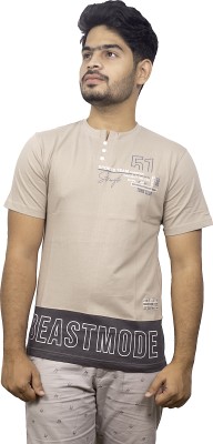 EURO GLORY Printed Men Round Neck Beige T-Shirt