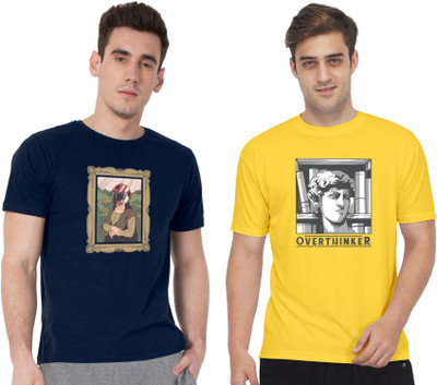 Fflirtygo Printed Men Round Neck Dark Blue, Yellow T-Shirt