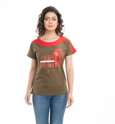 StyleAone Colorblock Women Round Neck Green T-Shirt