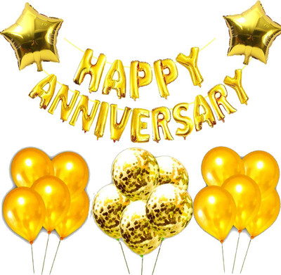Realistic Store Solid Happy Anniversary Foil BalloonS With Gold Metallic Latex & Star Foil Balloons With Confetti Balloons Decoration Kit Balloon(Gold, Pack of 43)