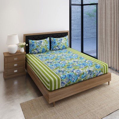 SWAYAM 144 TC Cotton Double Floral Flat Bedsheet(Pack of 1, Green,Blue)