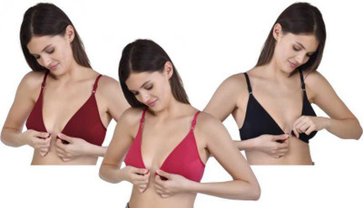 CYREX FRONT OPEN BRA, SOFT AND COMFORTABLE HALF COVERAGE BEAUTIFUL HOT BRA PACK OF 3 Women Maternity/Nursing Non Padded Bra(Black, Maroon, Beige)