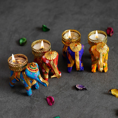 Diivyakosh 4 PC Elephant / Hathi Diya Terracotta 4 - Cup Tealight Holder Set(Multicolor, Pack of 4)