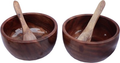 Wood Master Sre Pack of 2 Wood A Splendid Wooden furniture Handcraved Serving Bowl With Spoon for dinner Snacks / Soup/ Dry Fruit Wooden Serving Bowl (Brown, Pack of 2) Dinner Set(Brown)