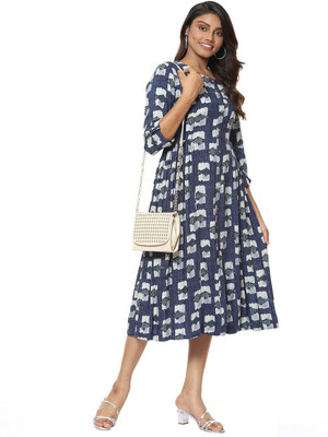 BIBA Women A-line Dark Blue Below Knee Dress