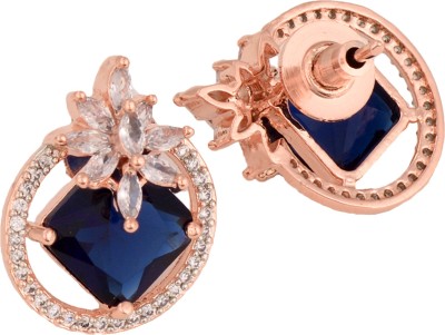 SARAF RS JEWELLERY Rose Gold Plated Blue Sapphire AD Floral Studs Earrings Cubic Zirconia Brass Stud Earring