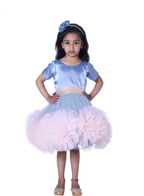 Wow princess Girls Below Knee Party Dress(Light Blue, Sleeveless)