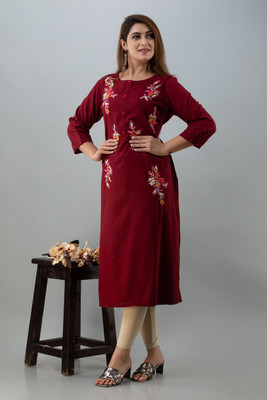 his&her Women Embroidered Straight Kurta(Maroon)