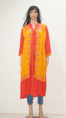 Tejoo Women Embroidered Straight Kurta(Pink, Yellow)
