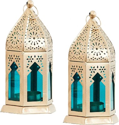 ARANI HOME DECOR Unique Collection Golden Moraqqan Lantern/Lamp Iron 4 - Cup Iron Tealight Holder Set(Blue, Gold, Pack of 4)