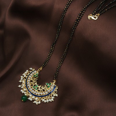 I Jewels Gold Plated Pearl Beads Studded Pendant with Black Bead Chain Mangalsutra Alloy Mangalsutra