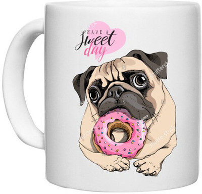 UDNAG White Ceramic Coffee / Tea 'Pug & Doughnut | Pug with Pink Round Doughnut' Perfect for Gifting [330ml] Ceramic Coffee Mug(330 ml)