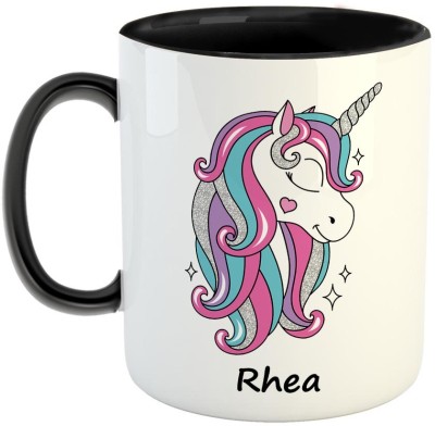 Furnish Fantasy Unicorn Ceramic Coffee - Best Birthday Gift for Daughter, Sister, Gift for Kids, Return Gift - Color - Black, Name - Rhea Ceramic Coffee Mug(350 ml)
