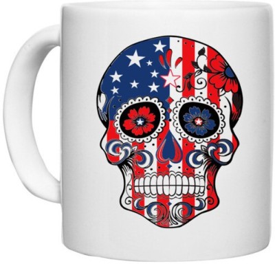 UDNAG White Ceramic Coffee / Tea 'USA Flag | American Flag skull' Perfect for Gifting [330ml] Ceramic Coffee Mug(330 ml)