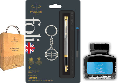 PARKER Folio Gold Trim Fountain Pen with Blue Quink Ink Bottle,Key Chain and Gift Bag Fountain Pen(Ink Color - Blue)