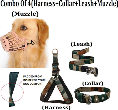 Hachiko Best Quality Dog Belt Army Print Padded Dog Harness Combo of 4 Dog Army Printed Harness+Leash+Collar+Dog Mouth Muzzle Dog Harness & Leash(Large, Army,Brown)