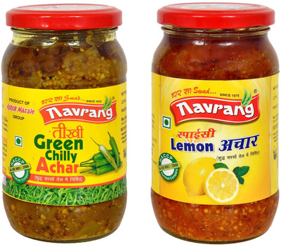 NAVRANG Organic Homemade Green Chilly Achaar And Lemon Pickle Mix Achaar I Traditional Achar | Trust of Quality Green Chilli, Lemon Pickle(2 x 200 g)