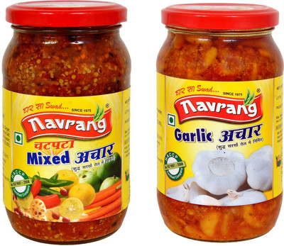 NAVRANG Organic Homemade Mixed Achaar And Garlic Pickle Mix Achaar I Traditional Achar | Trust of Quality Mixed, Garlic Pickle(2 x 400 g)