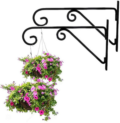 EzzuCrafts Wall Brackets Hook for Hanging Plants Wrought Iron Flower Pot Hook Flower Stand for Bird Feeders Lantern Lawn Light Flower Pots || Set of 2 Black Plant Container Set(Metal)