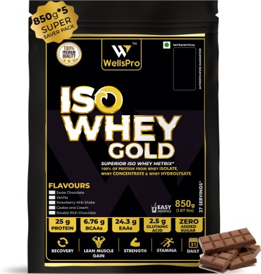 WellsPro ISO Whey Gold Protein 4.25kg [135 Servings] | Whey Isolate Concentrate Hydrolysate Whey Protein(4.25 kg, Double Rich Chocolate)