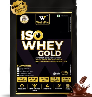 WellsPro ISO Whey Gold Protein 4.25kg [135 Servings] | Whey Isolate Concentrate Hydrolysate Whey Protein(4.25 kg, Swiss Chocolate)