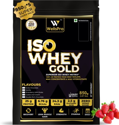 WellsPro ISO Whey Gold Protein 4.25kg [135 Servings] | Whey Isolate Concentrate Hydrolysate Whey Protein(4.25 kg, Strawberry)