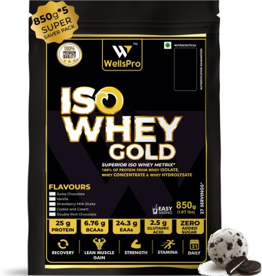 WellsPro ISO Whey Gold Protein 4.25kg [135 Servings] | Whey Isolate Concentrate Hydrolysate Whey Protein(4.25 kg, Cookie & Cream)