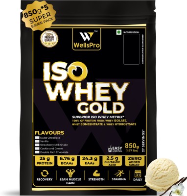 WellsPro ISO Whey Gold Protein 4.25kg [135 Servings] | Whey Isolate Concentrate Hydrolysate Whey Protein(4.25 kg, Vanilla)