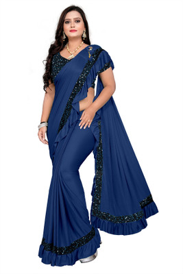 juicee Collection Solid/Plain Bollywood Silk Blend, Lycra Blend Saree(Blue)