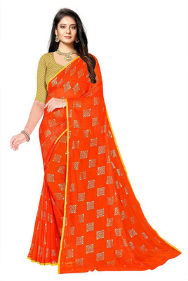 V And V Shop Polka Print Bollywood Chiffon Saree(Orange)