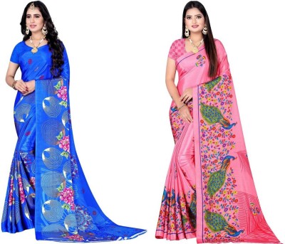 Leelavati Printed Daily Wear Crepe Saree(Pack of 2, Blue, Pink)