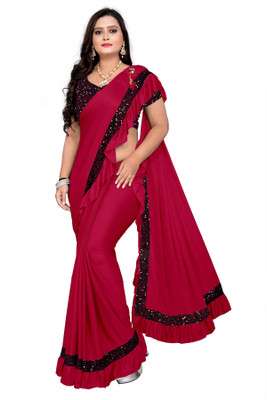 juicee Collection Solid/Plain Bollywood Silk Blend, Lycra Blend Saree(Maroon)